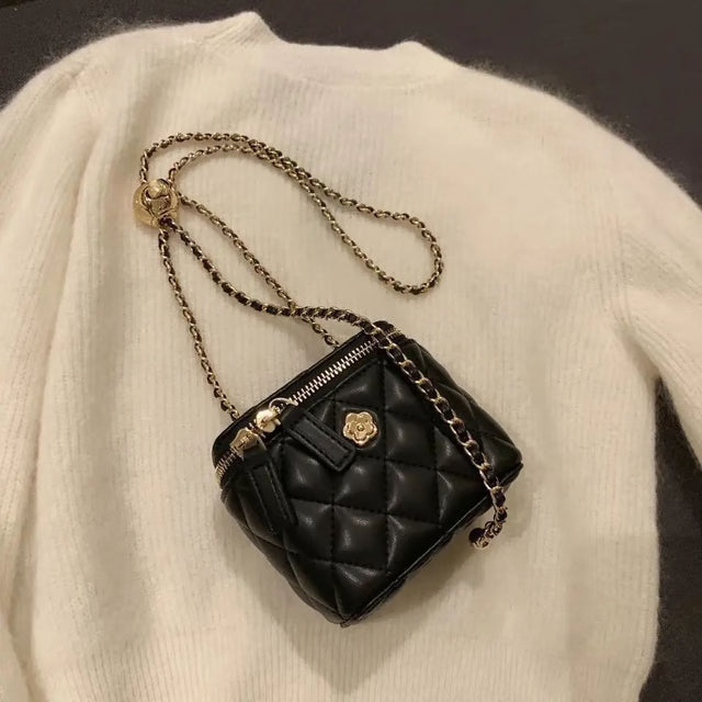 Luxury Mini Quilted Chain Crossbody Bag – Elegant Diamond-Check PU Leather Handbag