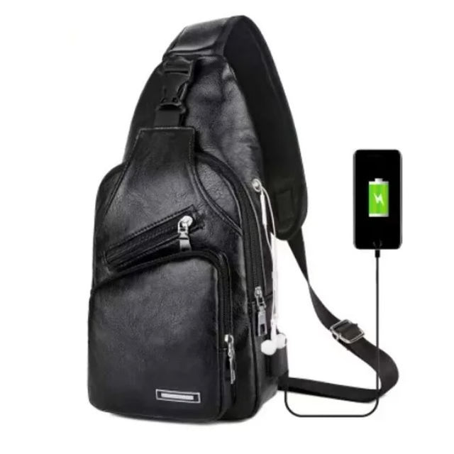 Multifunctional Casual PU Crossbody Bag with USB Charging, Men's Chest Bag for Daily Use