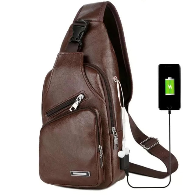 Multifunctional Casual PU Crossbody Bag with USB Charging, Men's Chest Bag for Daily Use
