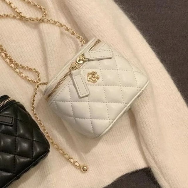 Luxury Mini Quilted Chain Crossbody Bag – Elegant Diamond-Check PU Leather Handbag