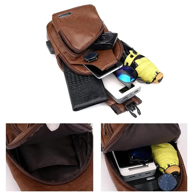 Multifunctional Casual PU Crossbody Bag with USB Charging, Men's Chest Bag for Daily Use