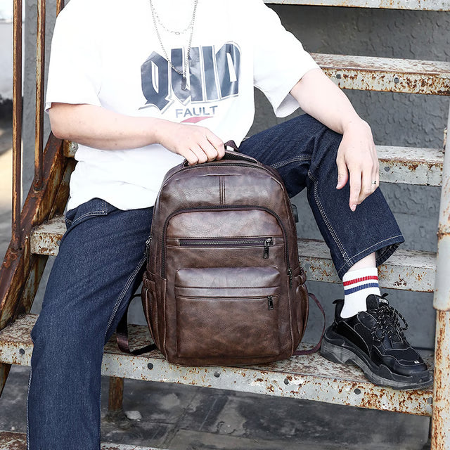 High Quality USB Charging Backpack, PU Leather Bag Pack, Large Laptop Backpacks, Men School Bag for Teenagers Boys