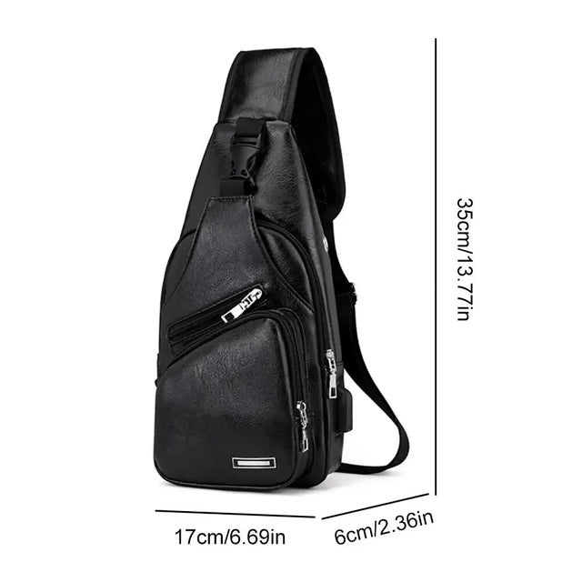 Multifunctional Casual PU Crossbody Bag with USB Charging, Men's Chest Bag for Daily Use