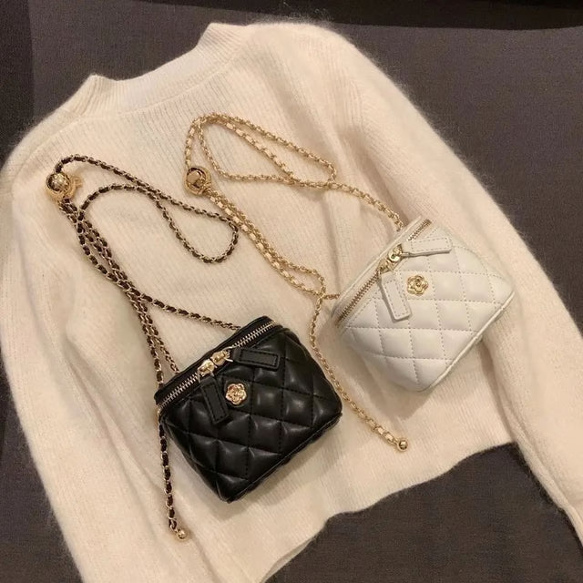 Luxury Mini Quilted Chain Crossbody Bag – Elegant Diamond-Check PU Leather Handbag
