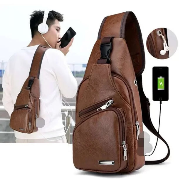 Multifunctional Casual PU Crossbody Bag with USB Charging, Men's Chest Bag for Daily Use